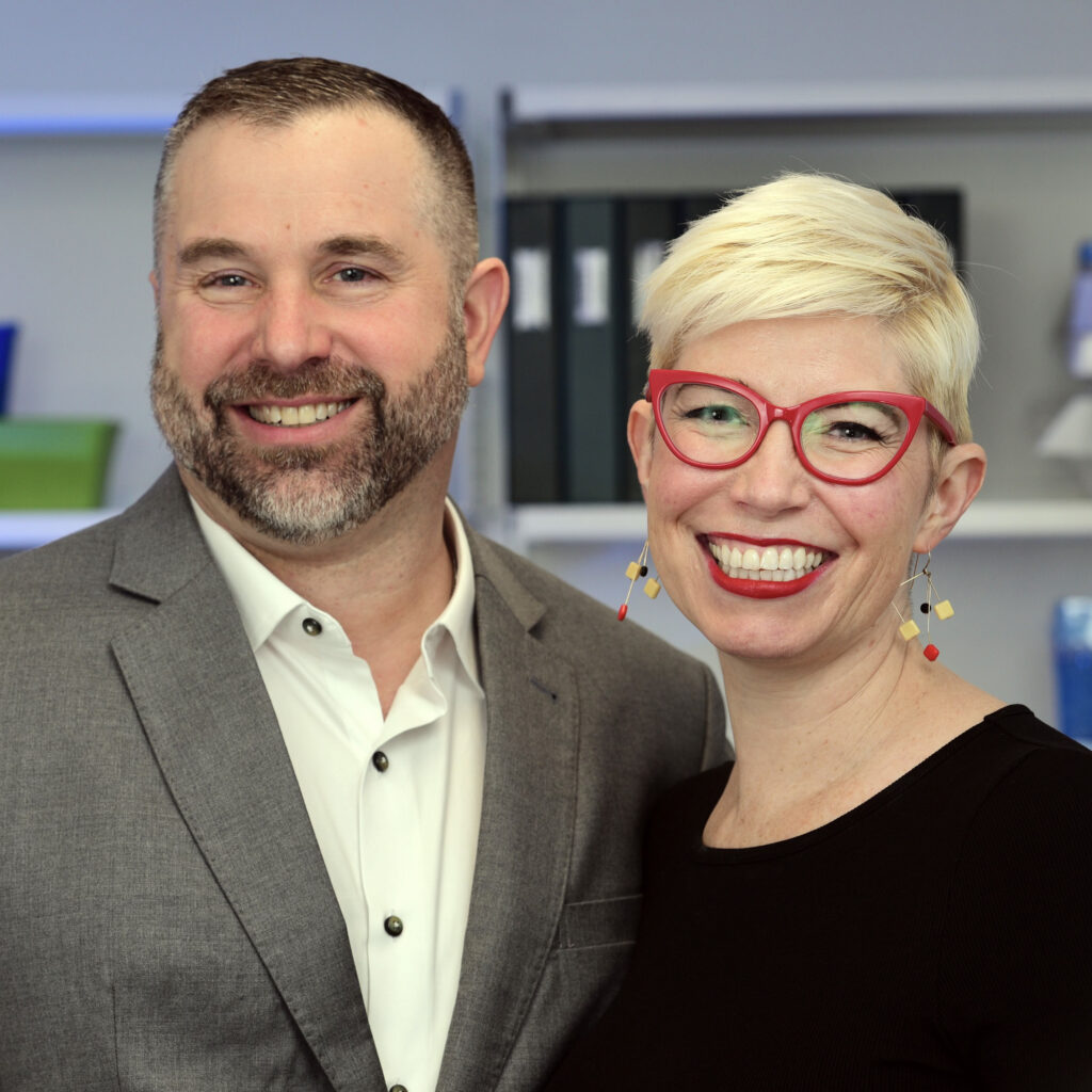 Headshot of James Zanewicz on the left and Elaine Hamm on the right