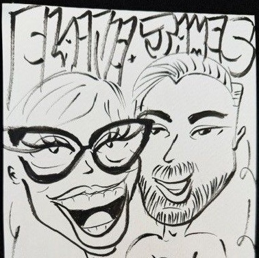 Caricatures of Elaine Hamm and James Zanewicz